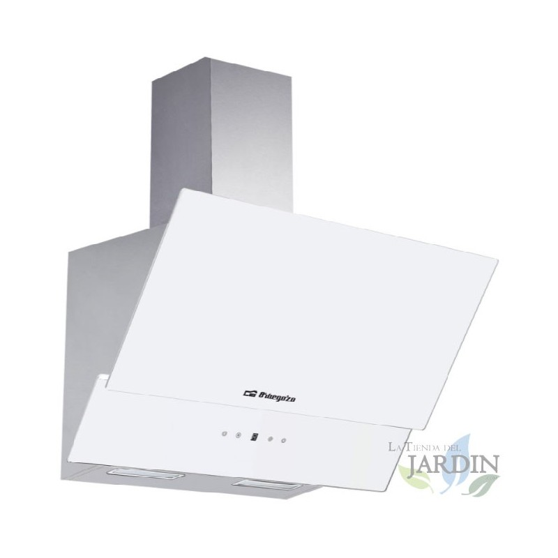 Dekorative Dunstabzugshaube aus weißem Glas von Orbegozo. 230-W-Motor. Energieklasse A. Abmessungen: 90 x 37,5 x 87–135 cm.