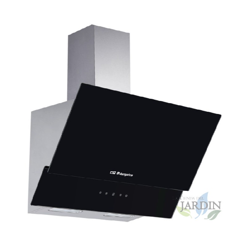 Campana decorativa in vetro nero Orbegozo.  Motore 230 W. Classe energetica A. Dimensioni: 90 x 37,5 x 87-135 cm.  Campana decorativa in vetro nero Orbegozo.  Motore 230 W. Classe energetica A. Dimensioni: 90 x 37,5 x 87-135 cm.