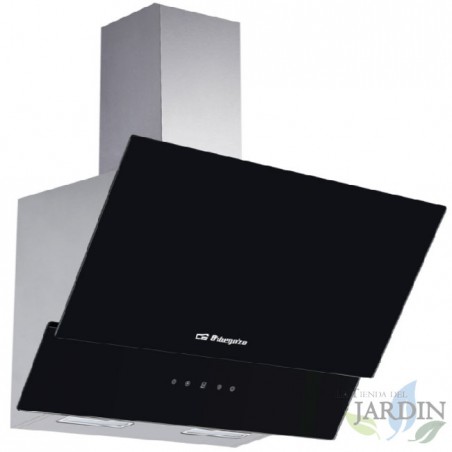Cappa decorativa in vetro nero Orbegozo. Motore da 230 W. Classe energetica A. Dimensioni: 90 x 37,5 x 87-135 cm.