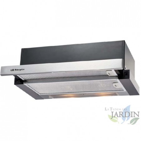 Teleskophaube von Orbegozo. 65-W-Motor. Energieklasse D. 2 herausnehmbare Filter.