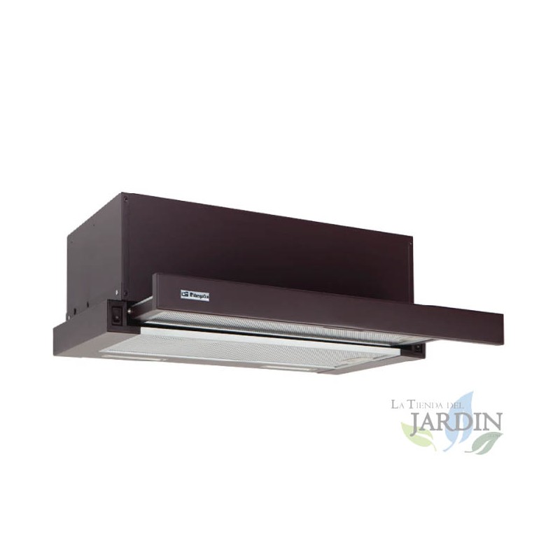 Cappuccio telescopico rifinito in marrone Orbegozo.  Motore da 65 W.  Classe energetica D. 2 filtri estraibili.  Cappuccio telescopico rifinito in marrone Orbegozo.  Motore da 65 W.  Classe energetica D. 2 filtri estraibili.