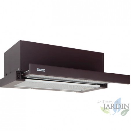 Exaustor telescópico Orbegozo com acabamento marrom. Motor de 65 W. Classe energética D. Dois filtros removíveis.