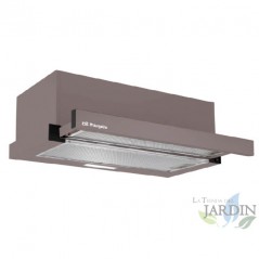 Telescopic hood with a brown front finish. 65 W motor. Energy class C.