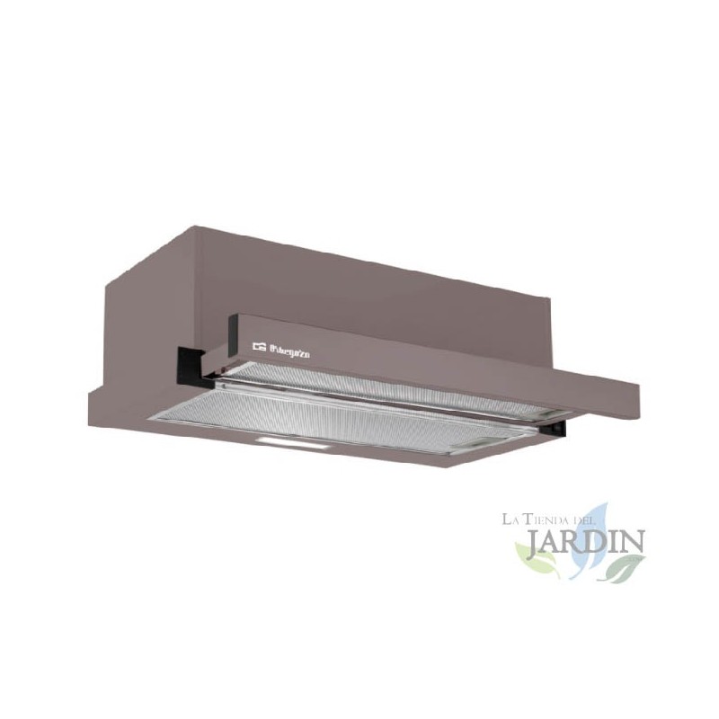 Telescopic hood with a brown front finish. 65 W motor. Energy class C.