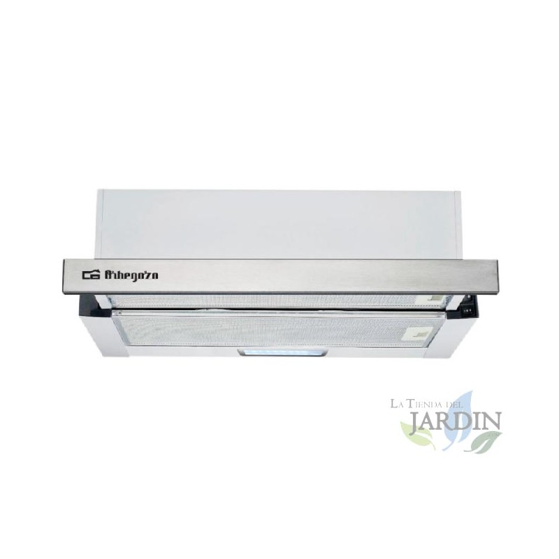 Cappa telescopica con finitura frontale in acciaio inox.  Orbegozo.  Motore 65 W. Classe energetica C.  Cappa telescopica con finitura frontale in acciaio inox.  Orbegozo.  Motore 65 W. Classe energetica C.