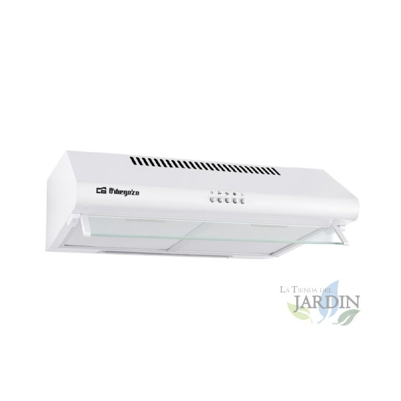 Hotte Orbegozo Standard Blanche. 2 filtres amovibles en aluminium. Moteur de 80 W. 3 niveaux de puissance. Largeur : 60 cm.