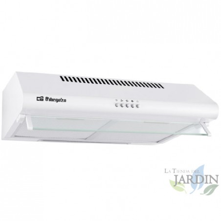 Cappa Orbegozo Standard Bianca. Due motori da 60 W. Tre livelli di potenza. Classe energetica C. Larghezza: 60 cm.