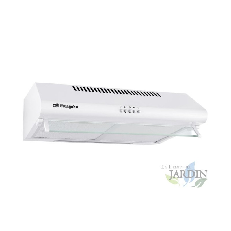 Orbegozo Standard-Dunstabzugshaube in Weiß. Zwei 60-W-Motoren. Drei Leistungsstufen. Energieeffizienzklasse C. Breite: 60 cm.
