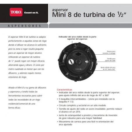 Aspersor de turbina Toro MINI8 de 1/2", alcance de 6 a 10,7 m