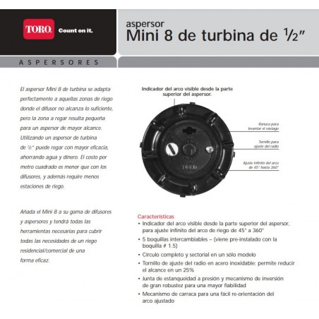 Aspersor turbina Toro MINI8 1/2", Alcance 6 a 10,7 m