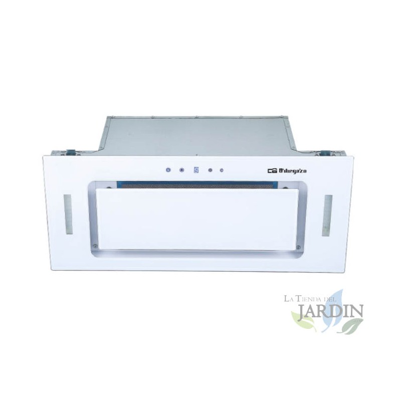  Campana a cassetta in cristallo di Orbegozo.  1 motore da 230 W.  Classe energetica A. Pannello comandi touch e digitale.