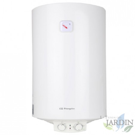  Elektrischer Warmwasserbereiter von Orbegozo.  Fassungsvermögen 50 Liter.  Höchsttemperatur 75ºC.  Vertikaler Einbau.  Geringer