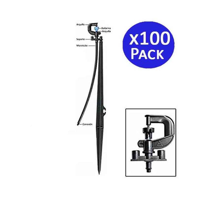 100 x Système micro-drip arroseur 360º, Portée 2,5-3m avec Piquet Micro Stake complet 40cm + Tubing + tétine