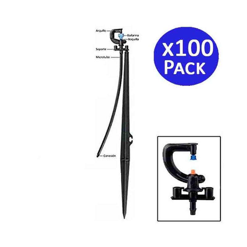 100 x Système micro-drip arroseur 360º, Portée 2,5-3 m avec Piquet Micro Stake complet 40cm + Tubing + tétine