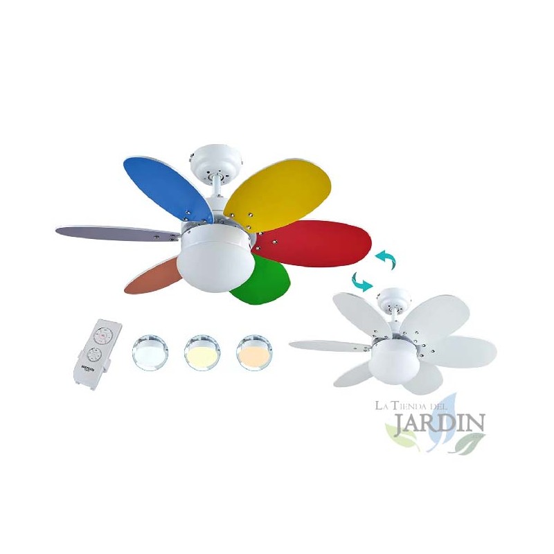 Ventilador de Techo con Mando a distancia, 60W, 75cm de diámetro, Luz LED incorporada, Multicolor/Blanco.