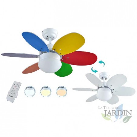 Ventilateur de Plafond avec Télécommande, 60W, 75cm de diamètre, Lumière LED Intégrée, Multicolore/Blanc