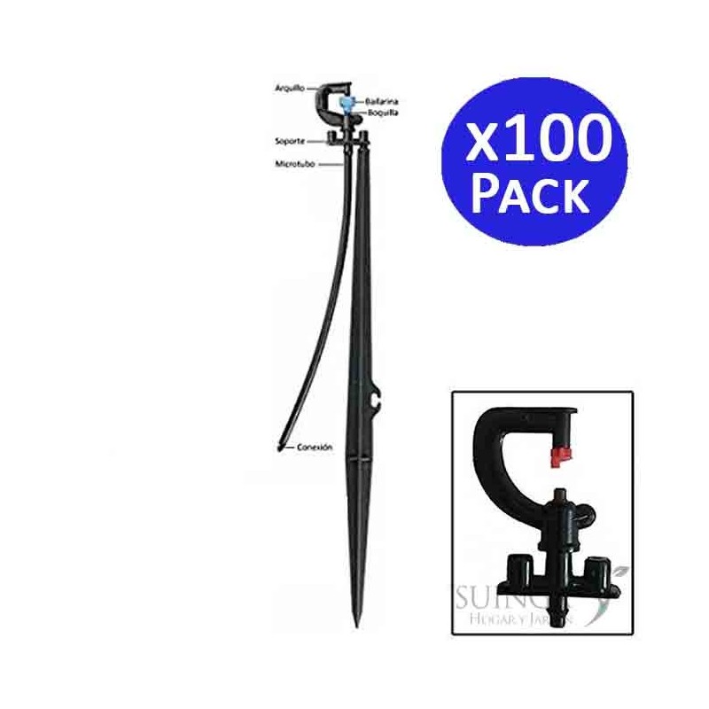 100 x Micro asperseur 180º, 1,7-2 m avec Piquet Micro Stake complet 40cm + Tubing + tétine