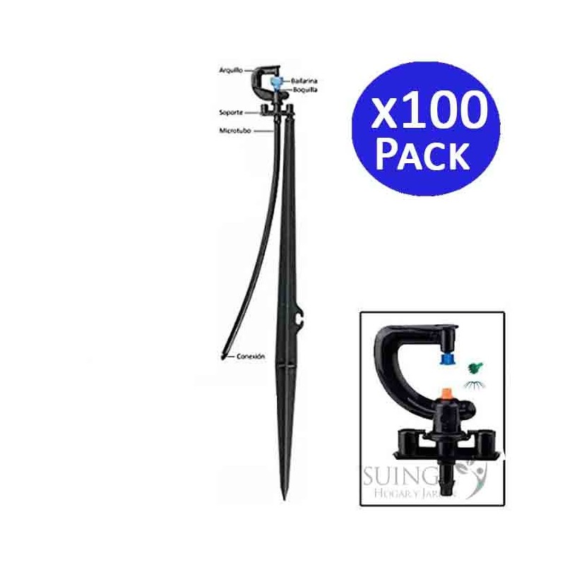 100 x Système micro-drip arroseur 360º 12 jets, Portée 2,5-3m avec Piquet Micro Stake complet 40cm + Tubing + tétine