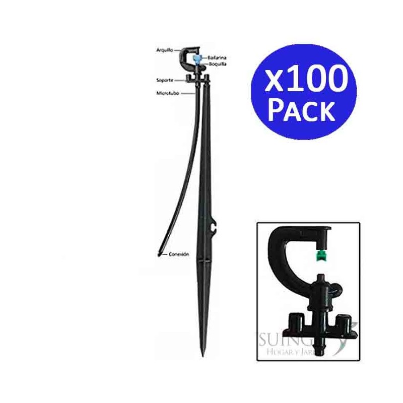 Set di 100 Sistema micro-drip Irrigatore 90º Portata 1,7-2m con Picchetto Micro Stake completo 40cm + Tubo + Gommino Set di 100 Sistema micro-drip Irrigatore 90º Portata 1,7-2m con Picchetto Micro Stake completo 40cm + Tubo + Gommino