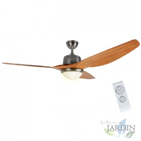 Ventilatore da soffitto Orbegozo, luce LED, telecomando, pale in legno naturale.