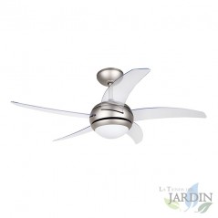 Ventilador de teto com controle remoto, 5 pás, cinza e transparente.