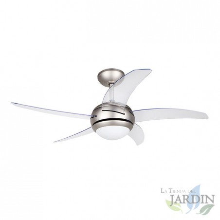 Ventilatore da soffitto Orbegozo con telecomando, 5 pale, grigio e trasparente.