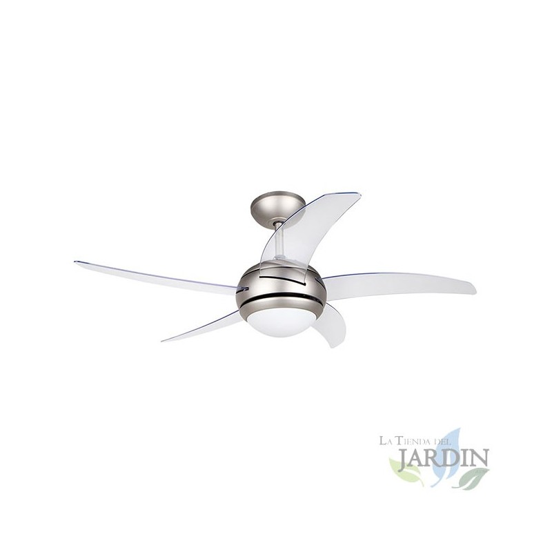 Ventilateur de plafond avec télécommande, 5 pales, gris et transparent.