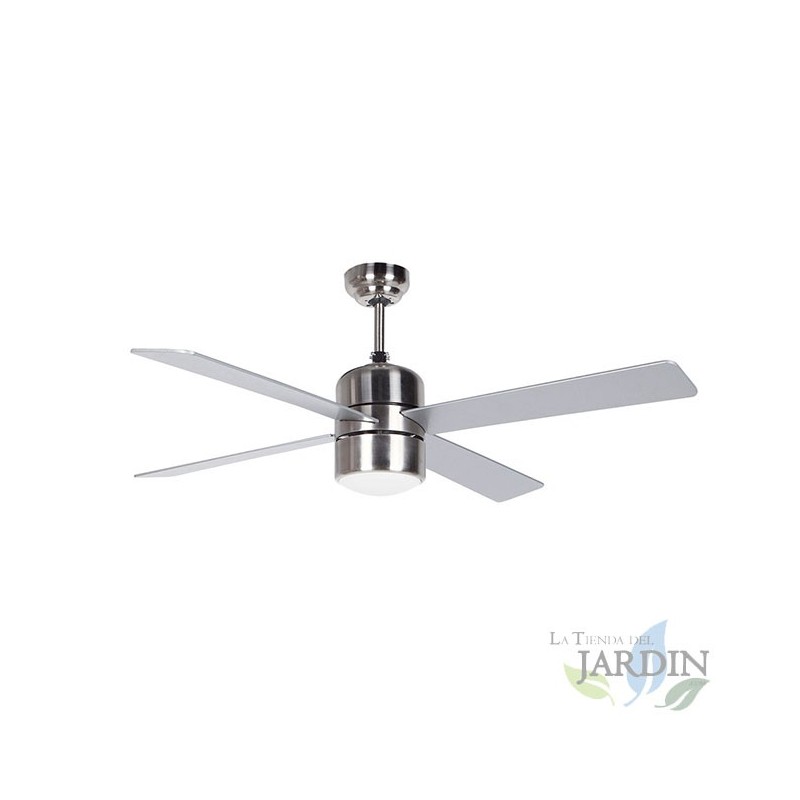 Ventilateur de plafond Orbegozo avec lumière et télécommande, 4 pales, 3 vitesses, argent.