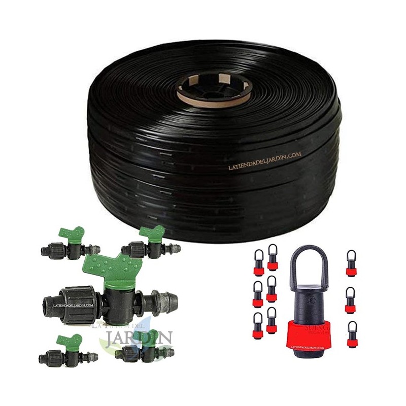 Cinta de Riego por Goteo 16mm 125m, Goteros Cada 20cm + 5 Llaves Conexión a Tubo + 10 Tapones