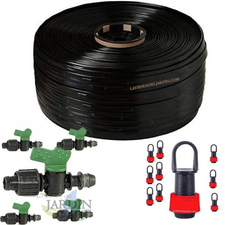 Cinta de Riego por Goteo 16mm 125m, Goteros Cada 20cm + 5 Llaves Conexión a Tubo + 10 Tapones