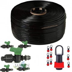 Packung mit 250 m 16 mm Tropfbewässerungsband. Tropfer alle 20 cm + 5 Schlüssel zum Anschluss an das Hauptrohr + 10 Stopfen.