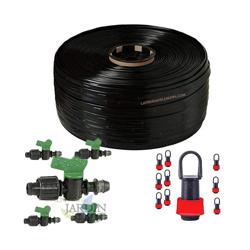 Pack of 250 m of 16 mm drip irrigation tape. Drippers every 20 cm + 5 keys for connecting to the main pipe + 10 plugs.