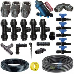Kit di irrigazione a goccia per giardini fino a 100 m². Include tubi e accessori di installazione per il collegamento a un rubin