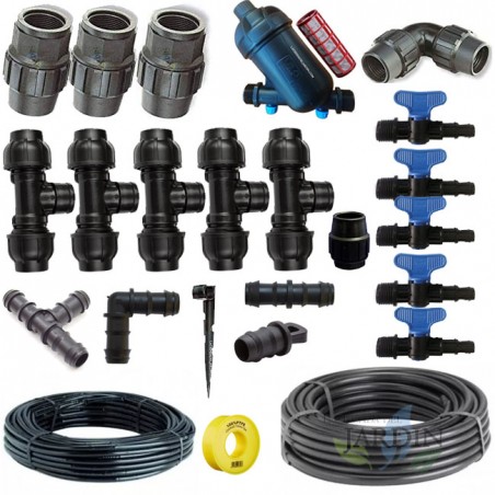 Pack Riego por Goteo para Jardin hasta 100 m2. Incluye tuberia y accesorios de instalación para conexión a grifo