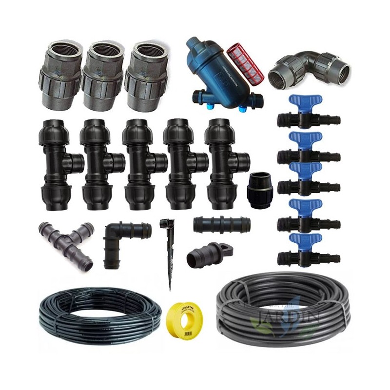 KIT RIEGO POR GOTEO para Jardin hasta 100 m2. Incluye tuberia y accesorios de instalación para conexión a grifo