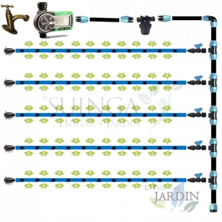 Automatic drip irrigation kit for gardens up to 100 m2. Includes tubing and installation accessories for connection to a faucet.