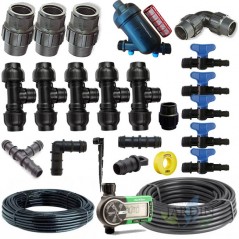 Automatic drip irrigation kit for gardens up to 100 m2. Includes tubing and installation accessories for connection to a faucet.
