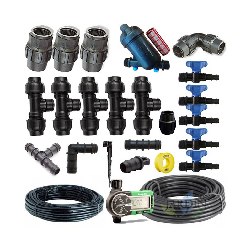 Kit de irrigação automática por gotejamento para jardins de até 100 m². Inclui tubulação e acessórios de instalação para conexão Kit de irrigação automática por gotejamento para jardins de até 100 m². Inclui tubulação e acessórios de instalação para conexão