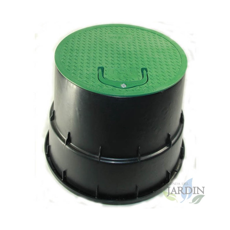 Pozzetto di Irrigazione circolare con manico coperchio Ø25 cm, base Ø33 cm, Nero e Verde Pozzetto di Irrigazione circolare con manico coperchio Ø25 cm, base Ø33 cm, Nero e Verde