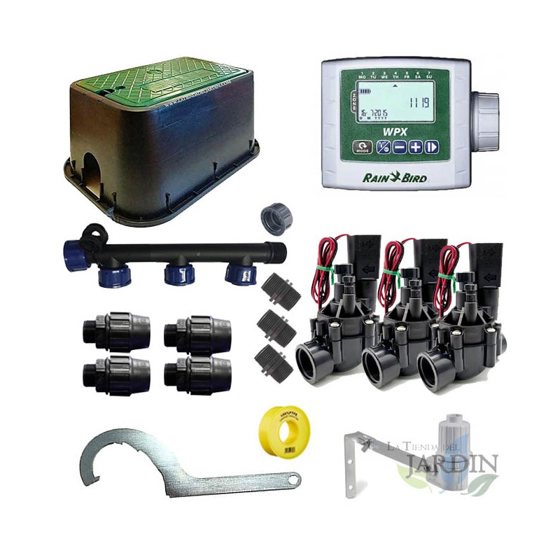 Kit di irrigazione automatico Rain Bird a 3 zone da 9 V per tubi da 32 mm | Include programmatore a batteria, elettrovalvole e a