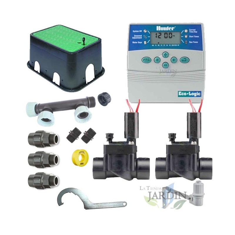 Kit d'irrigation automatique Hunter 24 V à 2 zones pour tuyau de 32 mm | Comprend un programmateur, des électrovannes et des acc