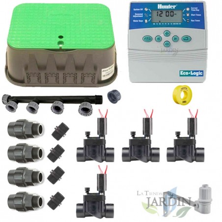 Kit di irrigazione automatico Hunter 24V a 4 zone per tubi da 32 mm | Include programmatore, elettrovalvole e accessori
