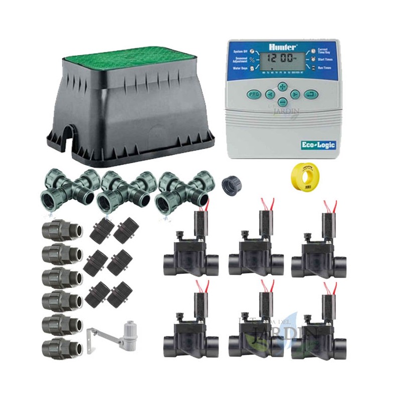 Kit de irrigação automática Hunter 24V de 6 zonas para tubulação de 32 mm | Inclui programador, válvulas solenoides e acessórios