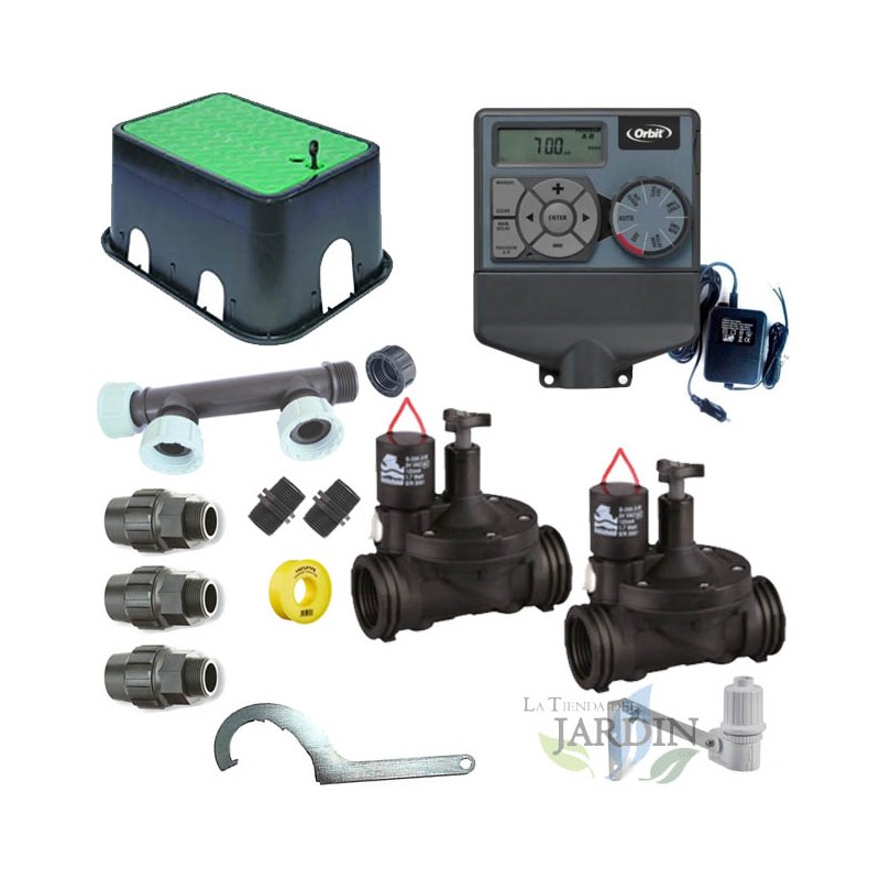 Kit di irrigazione automatico Orbit a 2 zone, 24 V, per tubi da 32 mm | Include programmatore, elettrovalvole e accessori