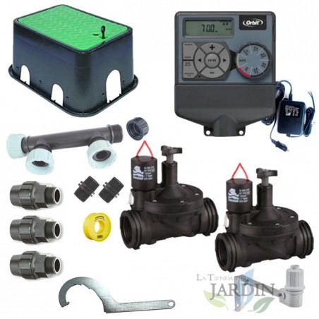 Kit di irrigazione automatico Orbit a 2 zone, 24 V, per tubi da 32 mm | Include programmatore, elettrovalvole e accessori
