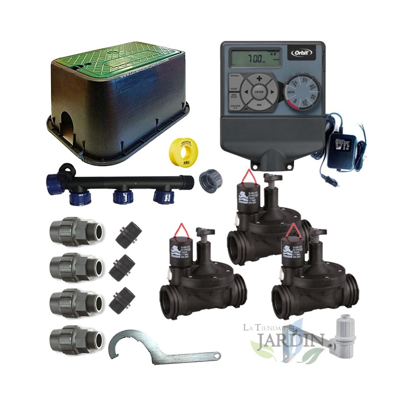 Kit d'irrigation automatique Orbit 24 V à 3 zones pour tuyau de 32 mm | Comprend un programmateur, des électrovannes et des acce Kit d'irrigation automatique Orbit 24 V à 3 zones pour tuyau de 32 mm | Comprend un programmateur, des électrovannes et des acce