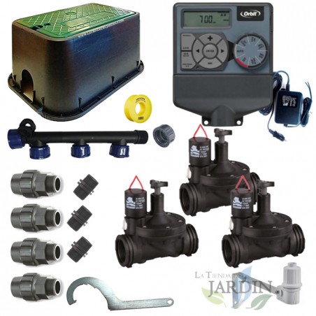Kit di irrigazione automatico a 3 zone Orbit 24V per tubi da 32 mm | Include programmatore, elettrovalvole e accessori