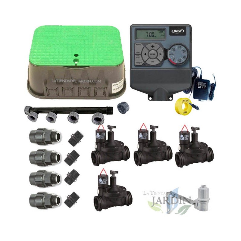 Orbit 24V 4-Zone Automatic Irrigation Kit for 32mm Pipe | Includes Programmer, Solenoid Valves and Accessories Orbit 24V 4-Zone Automatic Irrigation Kit for 32mm Pipe | Includes Programmer, Solenoid Valves and Accessories