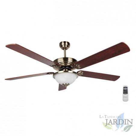 Ceiling fan with remote control, 5 reversible blades, light.