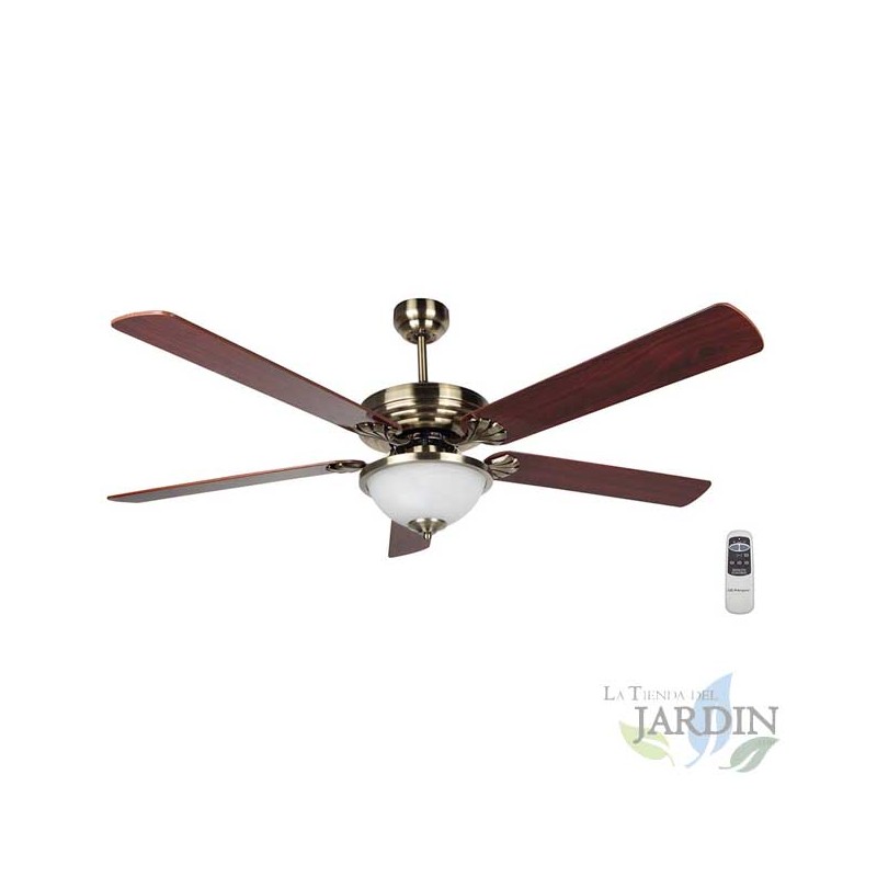 Ceiling fan with remote control, 5 reversible blades, light.